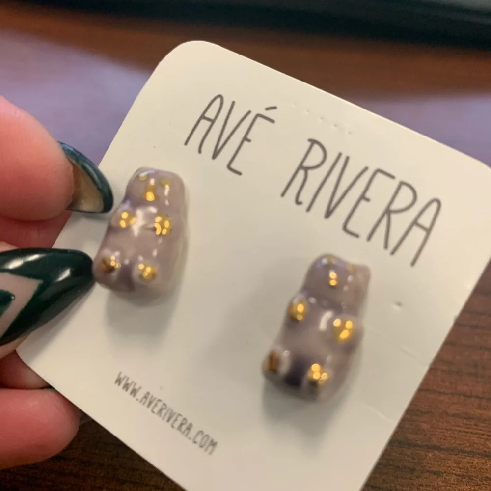 Handmade purple and gold Gummy bear stud pierced earrings by Ave Rivera - Picture 1 of 4